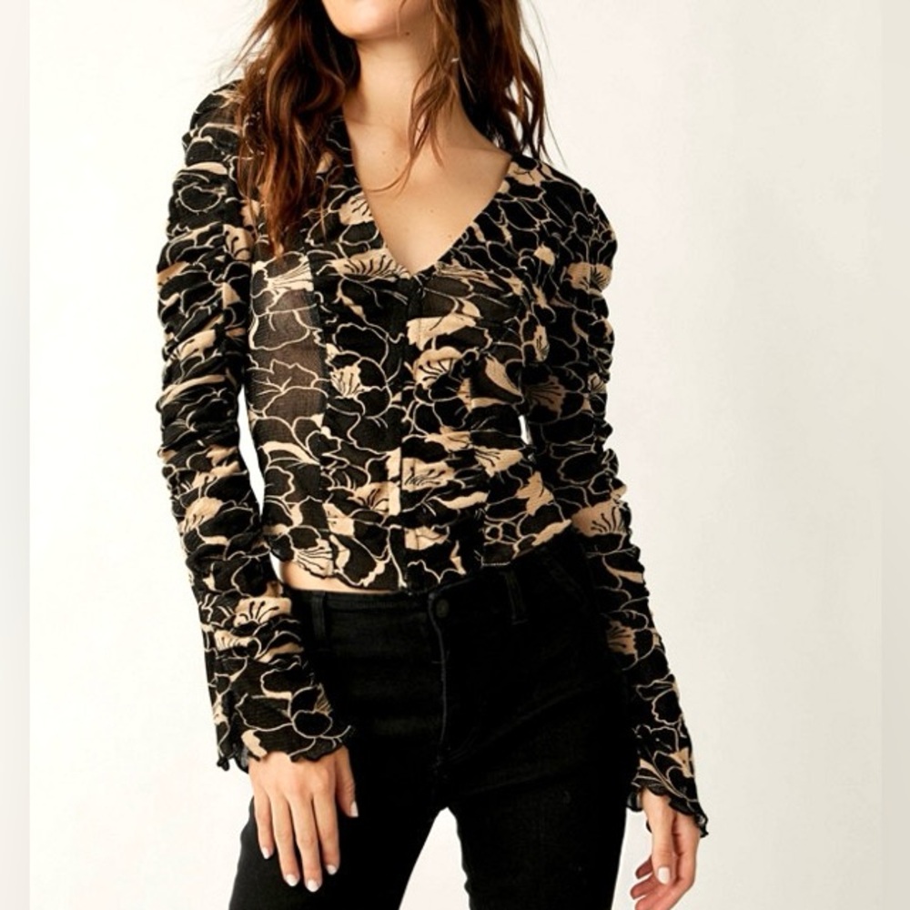 Free People Black and Beige Floral Long Sleeve V-Neck Top